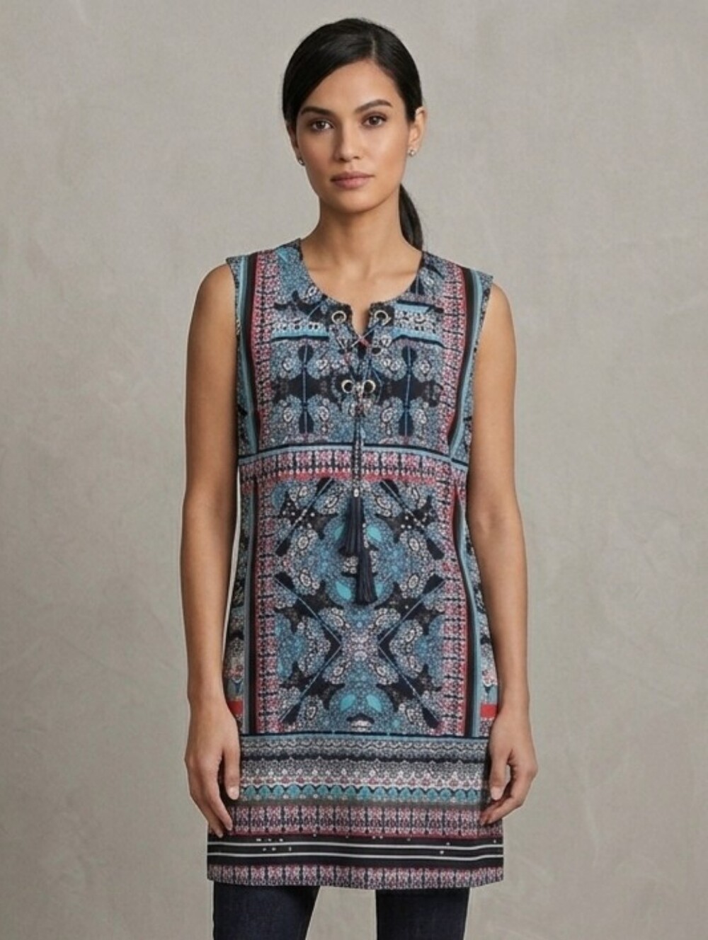 Tribal Femme Paisley Boho Dress With Metal Circles And Leather Ties Size XL